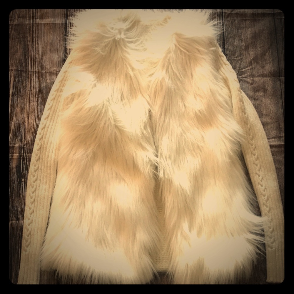 Cream faux fur cardigan sweater